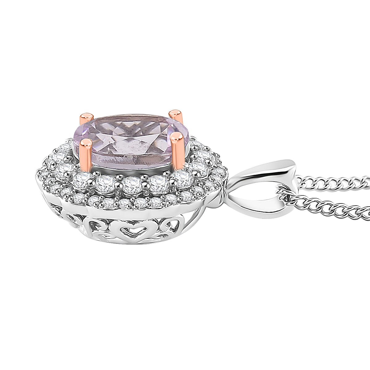 Martha Rocha Kunzite and White Zircon 2.55 ctw Interchangeable Double Halo Ring (Size 9.00), Pendant Necklace (18 Inches) in 18K Vermeil RG and Rhodium Over Sterling Silver