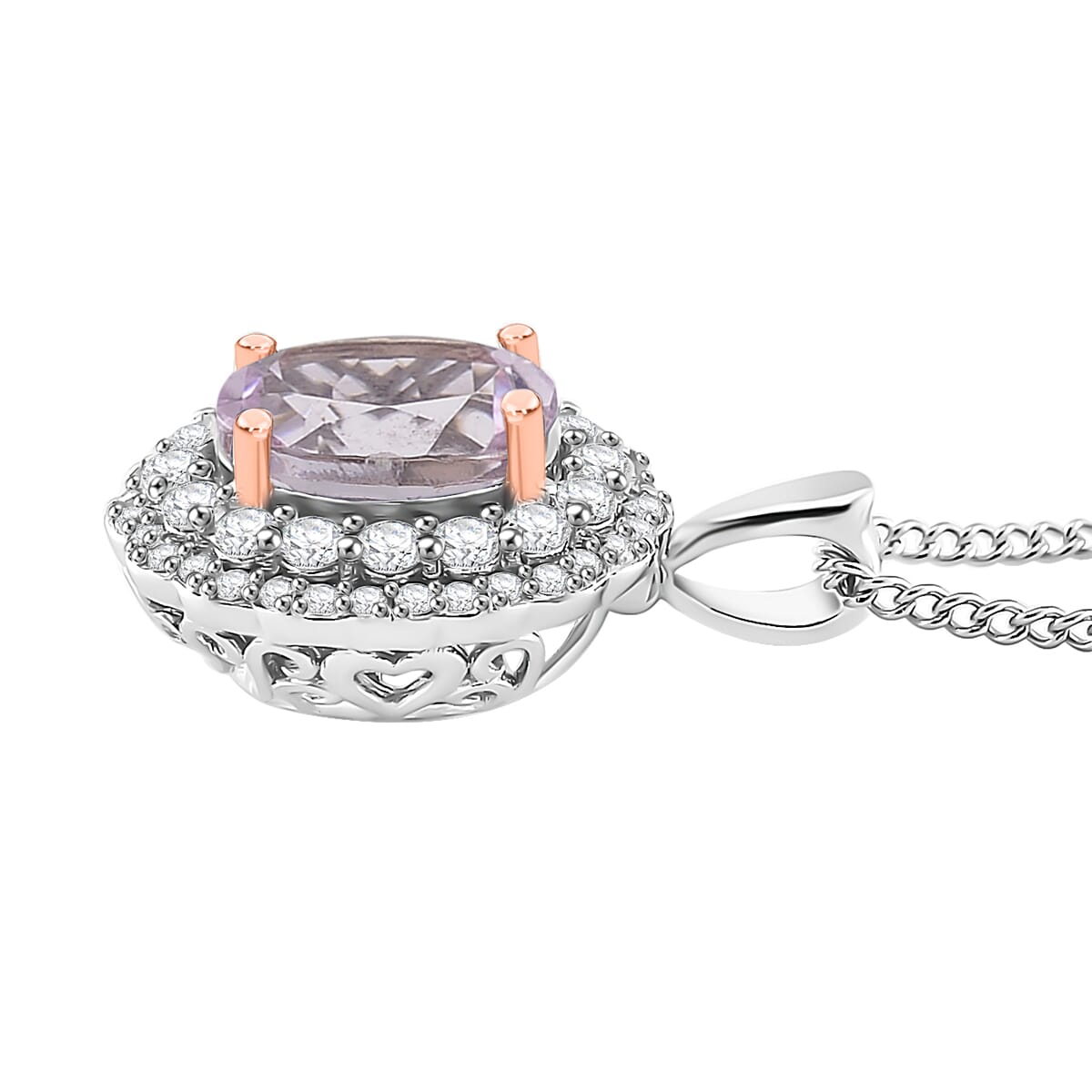 Martha Rocha Kunzite and White Zircon 2.55 ctw Interchangeable Double Halo Ring (Size 9.00), Pendant Necklace (18 Inches) in 18K Vermeil RG and Rhodium Over Sterling Silver  image number 7