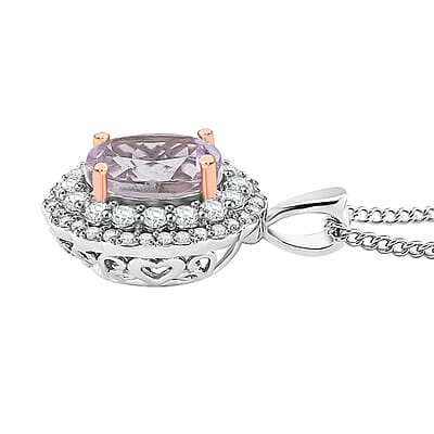 Martha Rocha Kunzite and White Zircon 2.55 ctw Interchangeable Double Halo Ring (Size 9.00), Pendant Necklace (18 Inches) in 18K Vermeil RG and Rhodium Over Sterling Silver