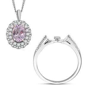 Martha Rocha Kunzite and White Zircon 2.55 ctw Interchangeable Double Halo Ring (Size 10.00), Pendant Necklace (18 Inches) in 18K Vermeil RG and Rhodium Over Sterling Silver 