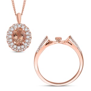 Marropino Morganite and White Zircon 1.90 ctw Interchangeable Double Halo Ring (Size 6.00) and Pendant Necklace 18 Inches in 18K Vermeil Rose Gold Over Sterling Silver