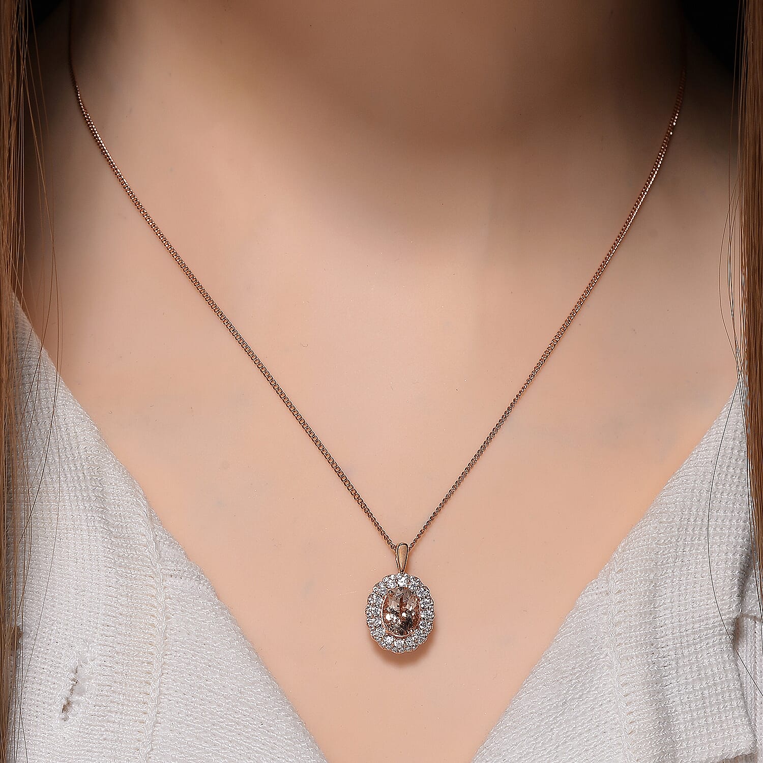 Marropino Morganite and White Zircon 1.90 ctw Interchangeable Double Halo Ring (Size 6.00) and Pendant Necklace 18 Inches in 18K Vermeil Rose Gold Over Sterling Silver