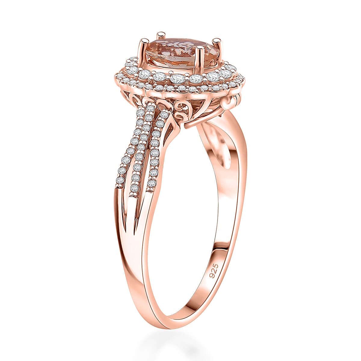 Marropino Morganite and White Zircon 1.90 ctw Interchangeable Double Halo Ring (Size 6.00) and Pendant Necklace 18 Inches in 18K Vermeil Rose Gold Over Sterling Silver