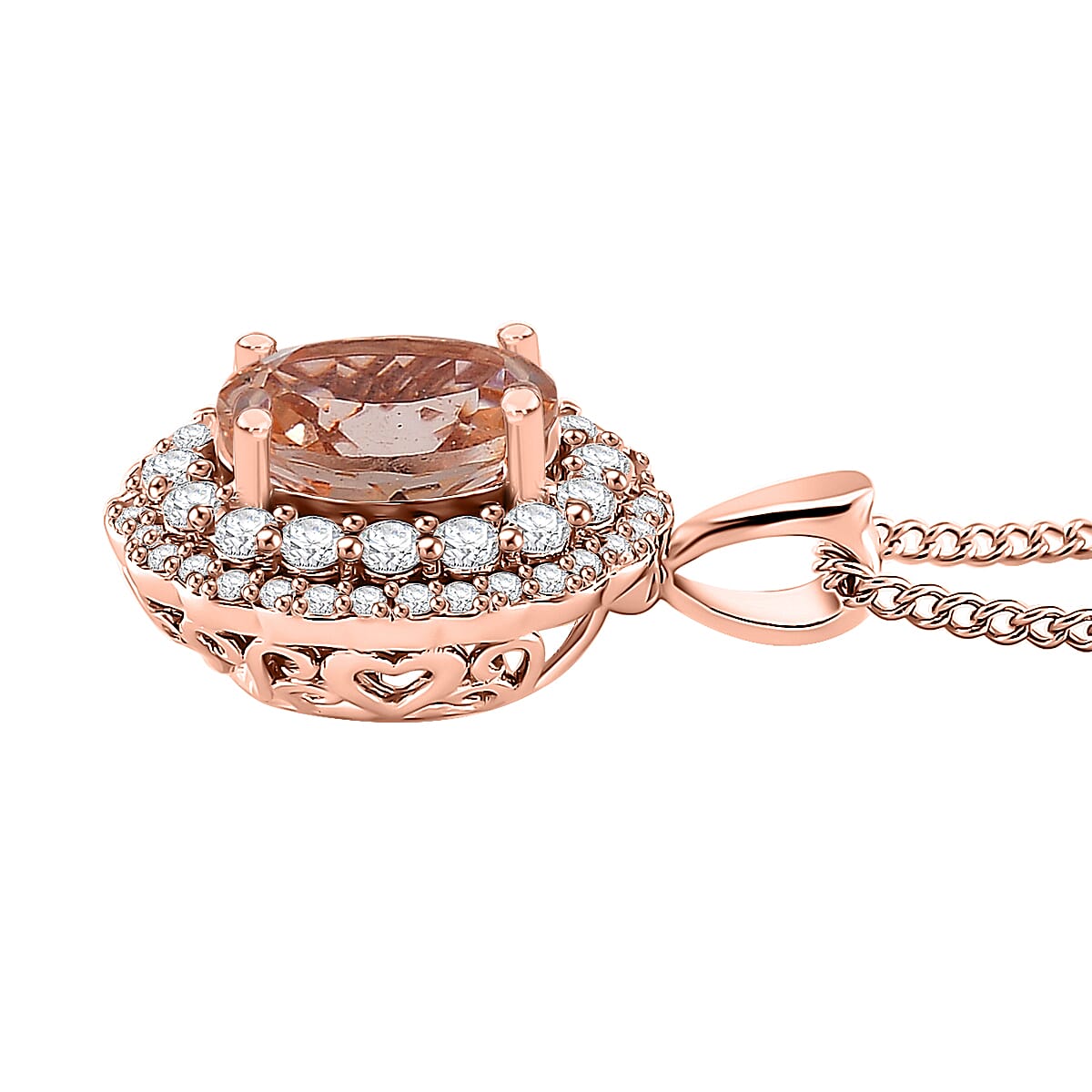 Marropino Morganite and White Zircon 1.90 ctw Interchangeable Double Halo Ring (Size 6.00) and Pendant Necklace 18 Inches in 18K Vermeil Rose Gold Over Sterling Silver