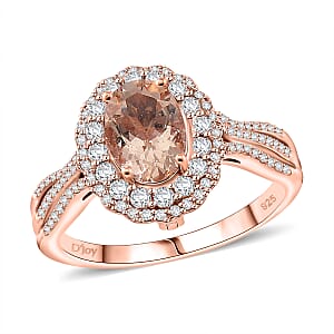 Marropino Morganite and White Zircon 1.90 ctw Interchangeable Double Halo Ring (Size 8.00) and Pendant Necklace 18 Inches in 18K Vermeil Rose Gold Over Sterling Silver