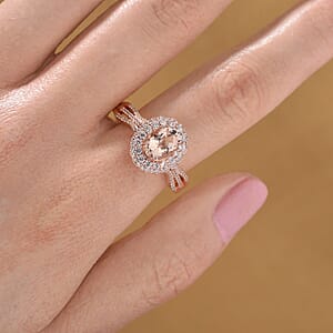 Marropino Morganite and White Zircon 1.90 ctw Interchangeable Double Halo Ring (Size 10.00) and Pendant Necklace 18 Inches in 18K Vermeil Rose Gold Over Sterling Silver