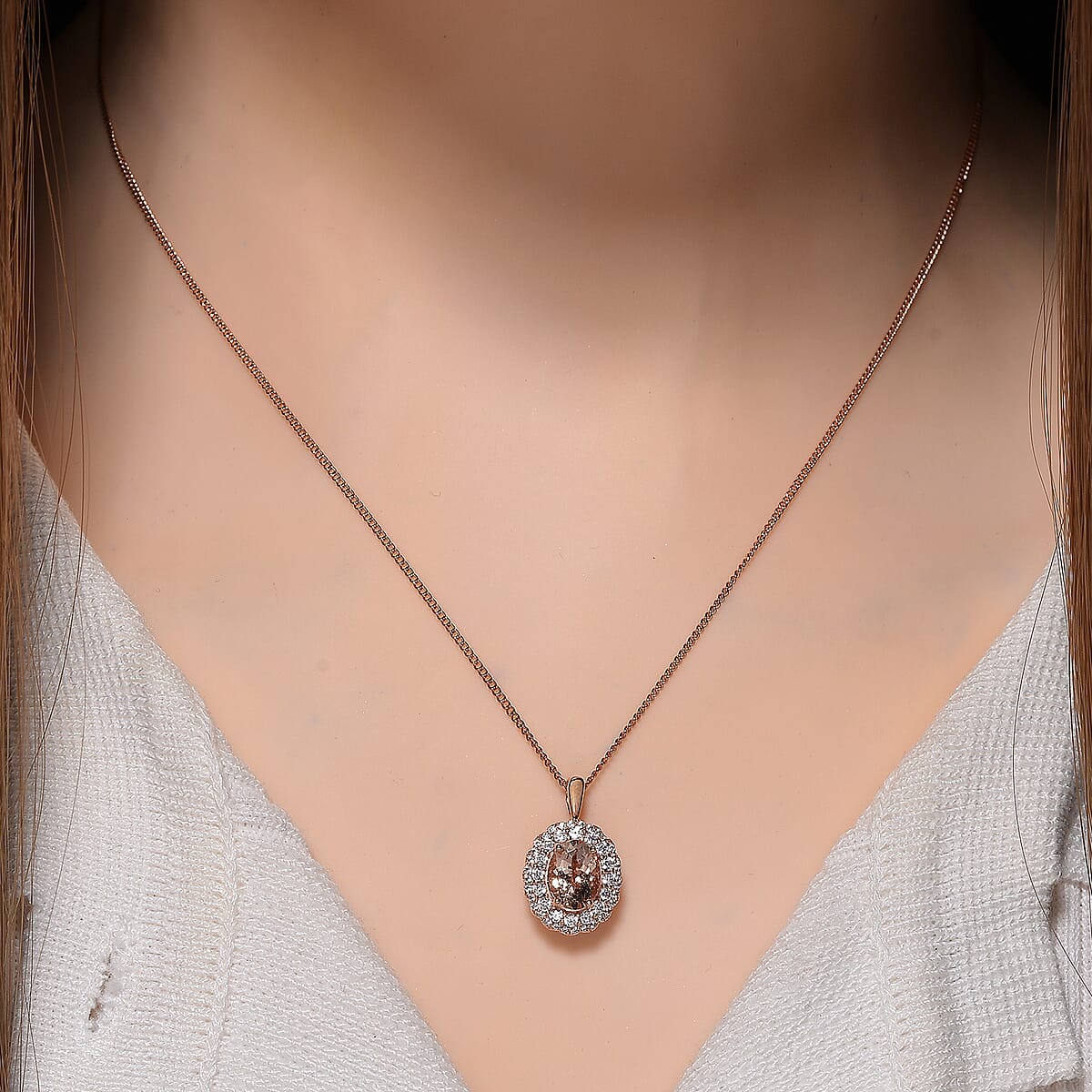 Marropino Morganite and White Zircon 1.90 ctw Interchangeable Double Halo Ring (Size 10.00) and Pendant Necklace 18 Inches in 18K Vermeil Rose Gold Over Sterling Silver image number 2