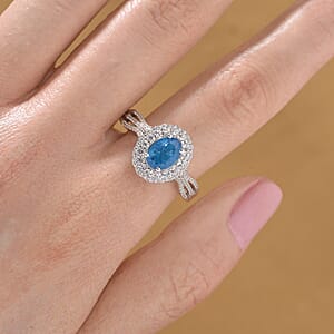 Malgache Neon Apatite and White Zircon 2.15 ctw Interchangeable Double Halo Ring (Size 7.00) and Pendant Necklace 18 Inches in Rhodium Over Sterling Silver 