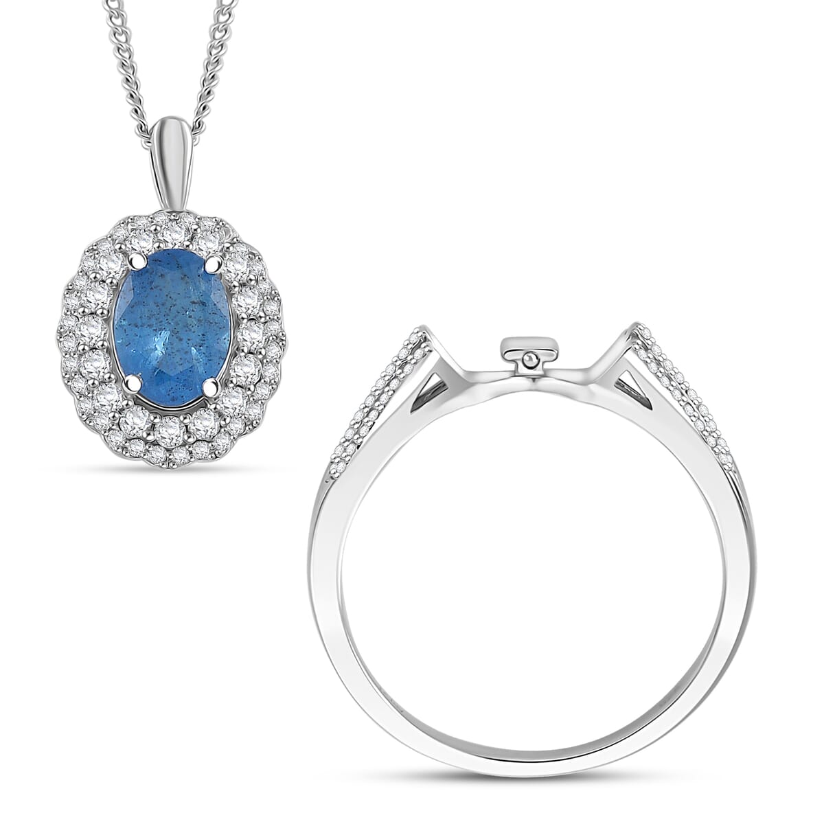 Malgache Neon Apatite and White Zircon 2.15 ctw Interchangeable Double Halo Ring (Size 9.00) and Pendant Necklace 18 Inches in Rhodium Over Sterling Silver  image number 0