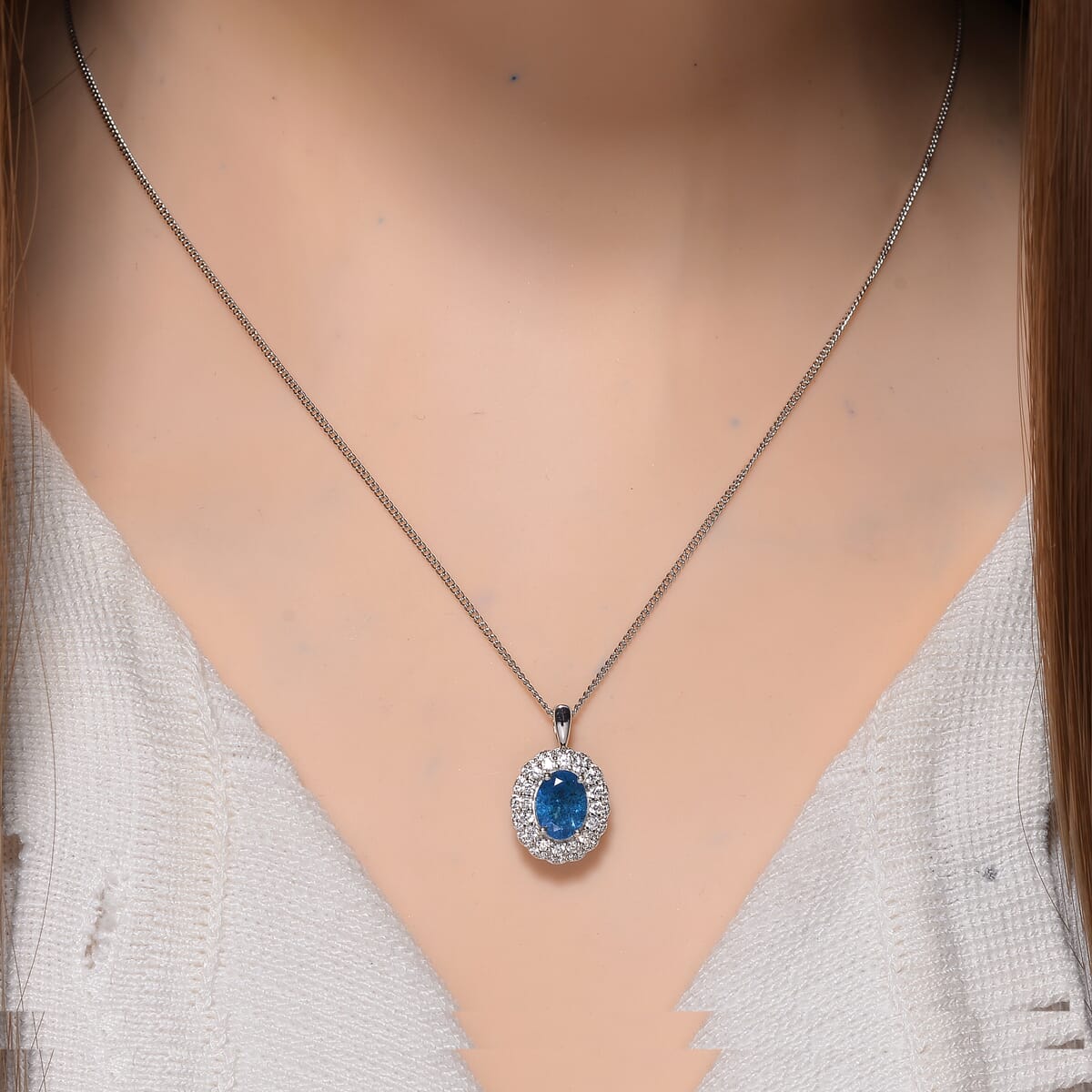 Malgache Neon Apatite and White Zircon 2.15 ctw Interchangeable Double Halo Ring (Size 9.00) and Pendant Necklace 18 Inches in Rhodium Over Sterling Silver  image number 2