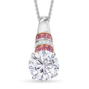 Heart and Arrow Cut Moissanite and Pink Sapphire 3.75 ctw Moonlit Grace Pendant Necklace in Rhodium Over Sterling Silver 20 Inches