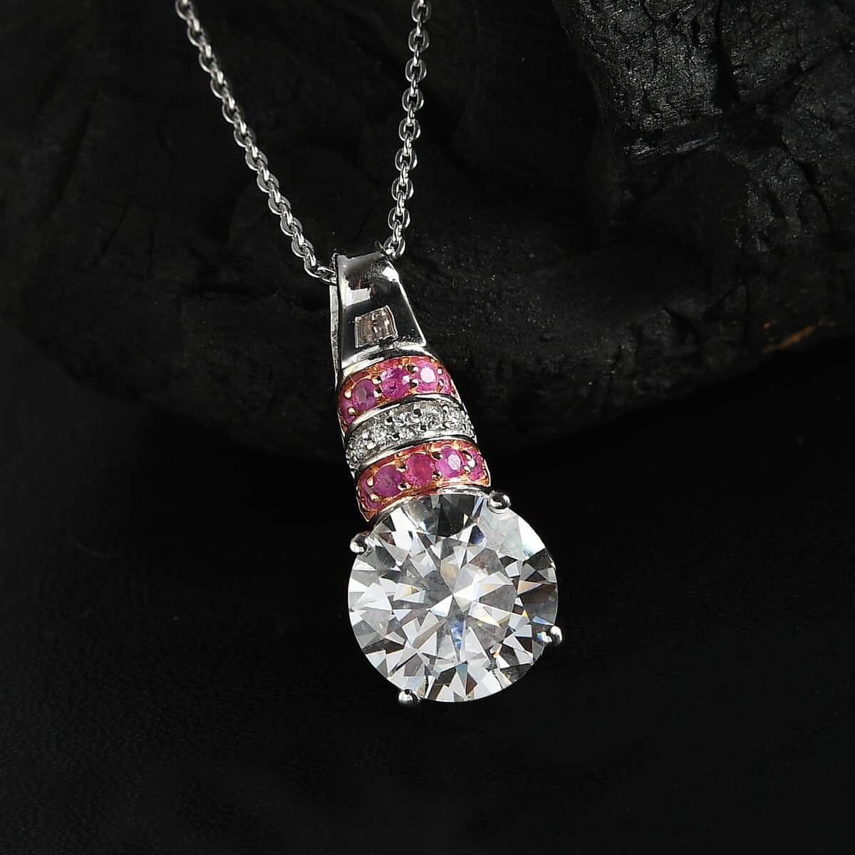 Heart and Arrow Cut Moissanite and Pink Sapphire 3.75 ctw Moonlit Grace Pendant Necklace in Rhodium Over Sterling Silver 20 Inches image number 1