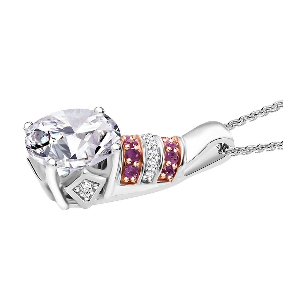 Heart and Arrow Cut Moissanite and Pink Sapphire 3.75 ctw Moonlit Grace Pendant Necklace in Rhodium Over Sterling Silver 20 Inches image number 3