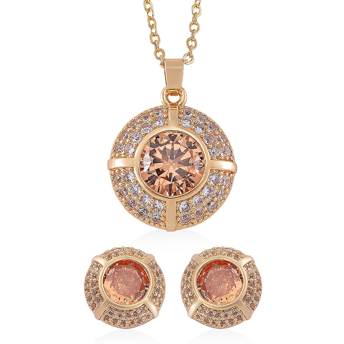 Set of 2 Karis Simulated Champagne Diamond, White Crystal Necklace (20-22 Inches), Earrings in Goldtone 3.00 ctw image number 0
