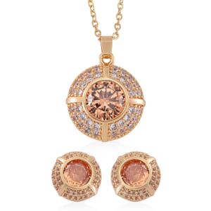 Set of 2 Karis Simulated Champagne Diamond, White Crystal Necklace (20-22 Inches), Earrings in Goldtone 3.00 ctw
