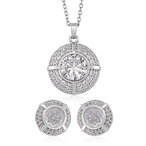 Set of 2 Karis Simulated Diamond, White Crystal Necklace (20-22 Inches), Earrings in Silvertone 3.02 ctw