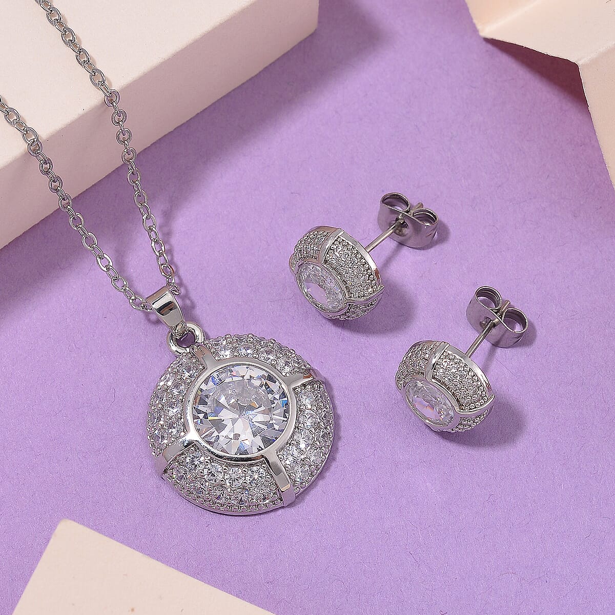 Set of 2 Karis Simulated Diamond, White Crystal Necklace (20-22 Inches), Earrings in Silvertone 3.02 ctw image number 1