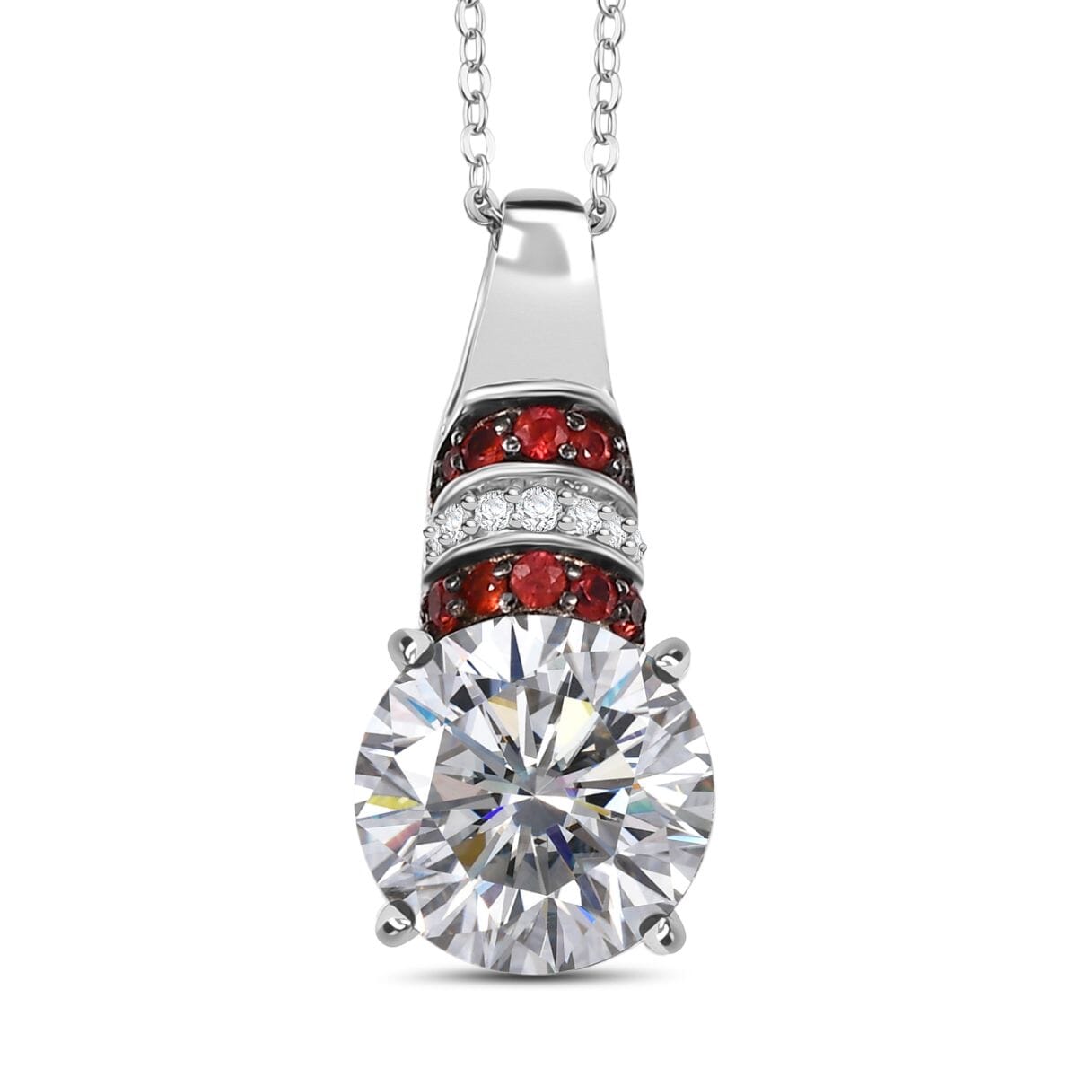Heart and Arrow Cut Moissanite and Red Sapphire 3.80 ctw Moonlit Grace Pendant Necklace in Rhodium Over Sterling Silver 20 Inches image number 0