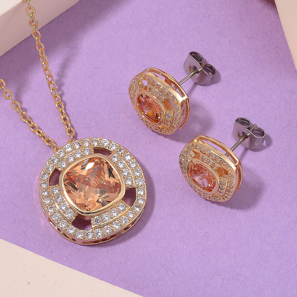 Set of 2 Karis Simulated Champagne Diamond and White Crystal 3.00 ctw Necklace 20-22 Inches, Earrings in Rosetone image number 1