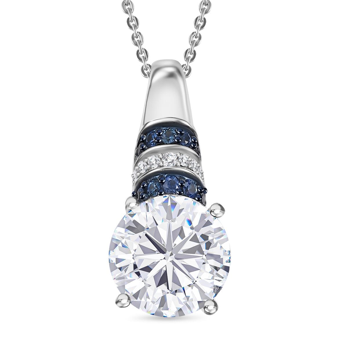 Heart and Arrow Cut Moissanite and Blue Sapphire 3.80 ctw Moonlit Grace Pendant Necklace in Rhodium Over Sterling Silver 20 Inches image number 0