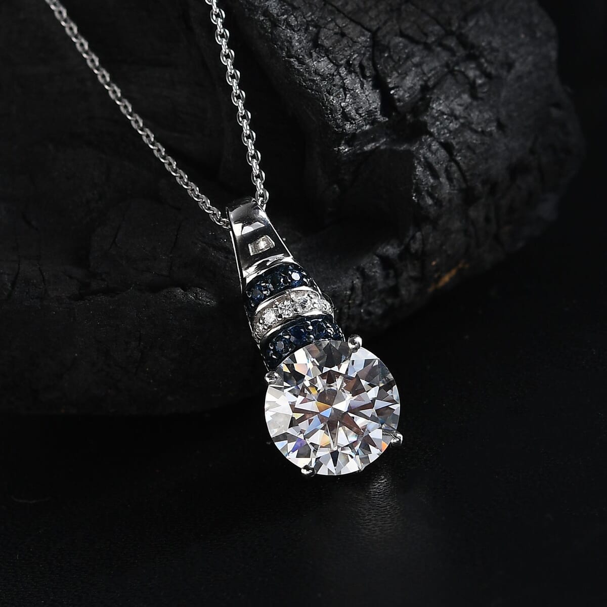 Heart and Arrow Cut Moissanite and Blue Sapphire 3.80 ctw Moonlit Grace Pendant Necklace in Rhodium Over Sterling Silver 20 Inches image number 1