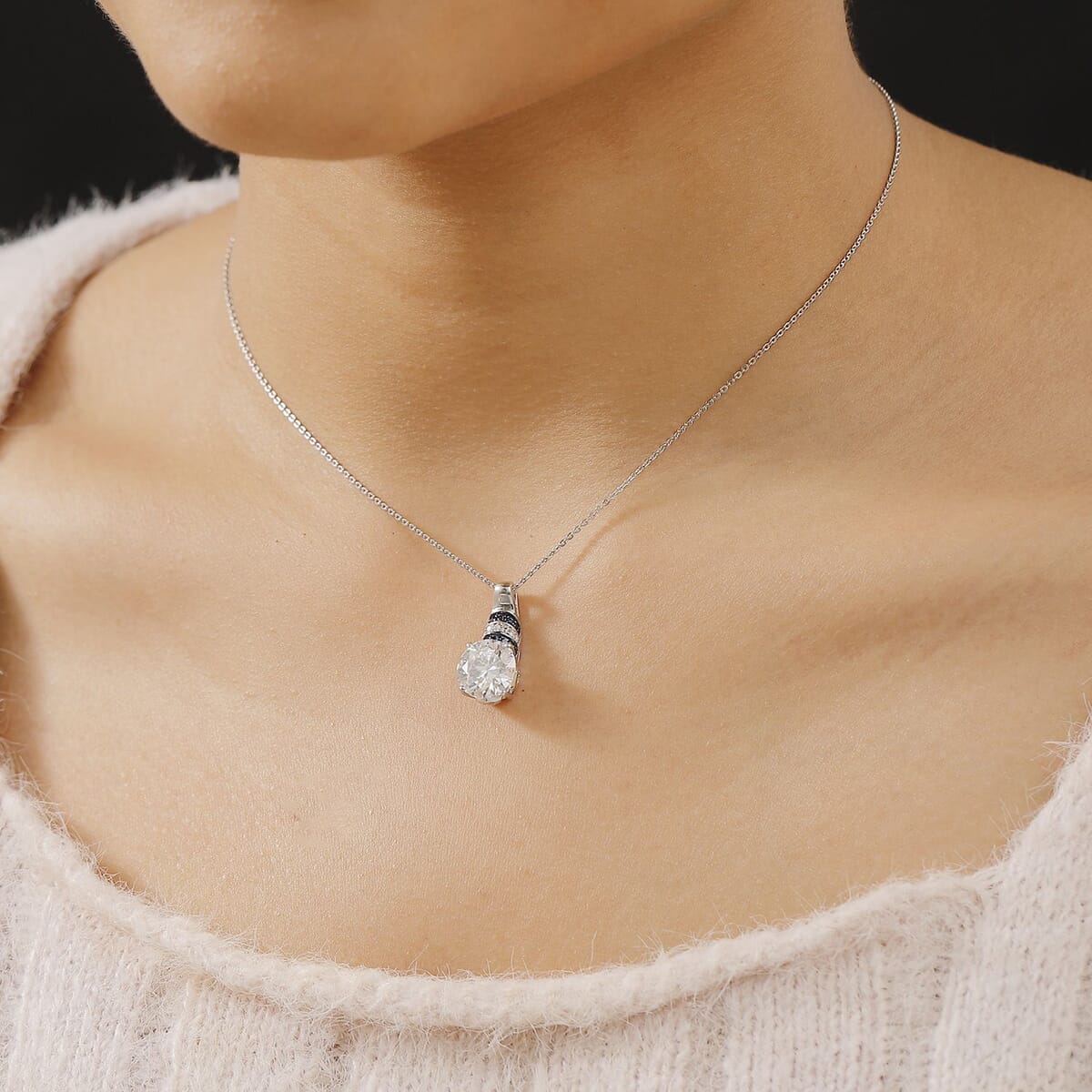 Heart and Arrow Cut Moissanite and Blue Sapphire 3.80 ctw Moonlit Grace Pendant Necklace in Rhodium Over Sterling Silver 20 Inches image number 2