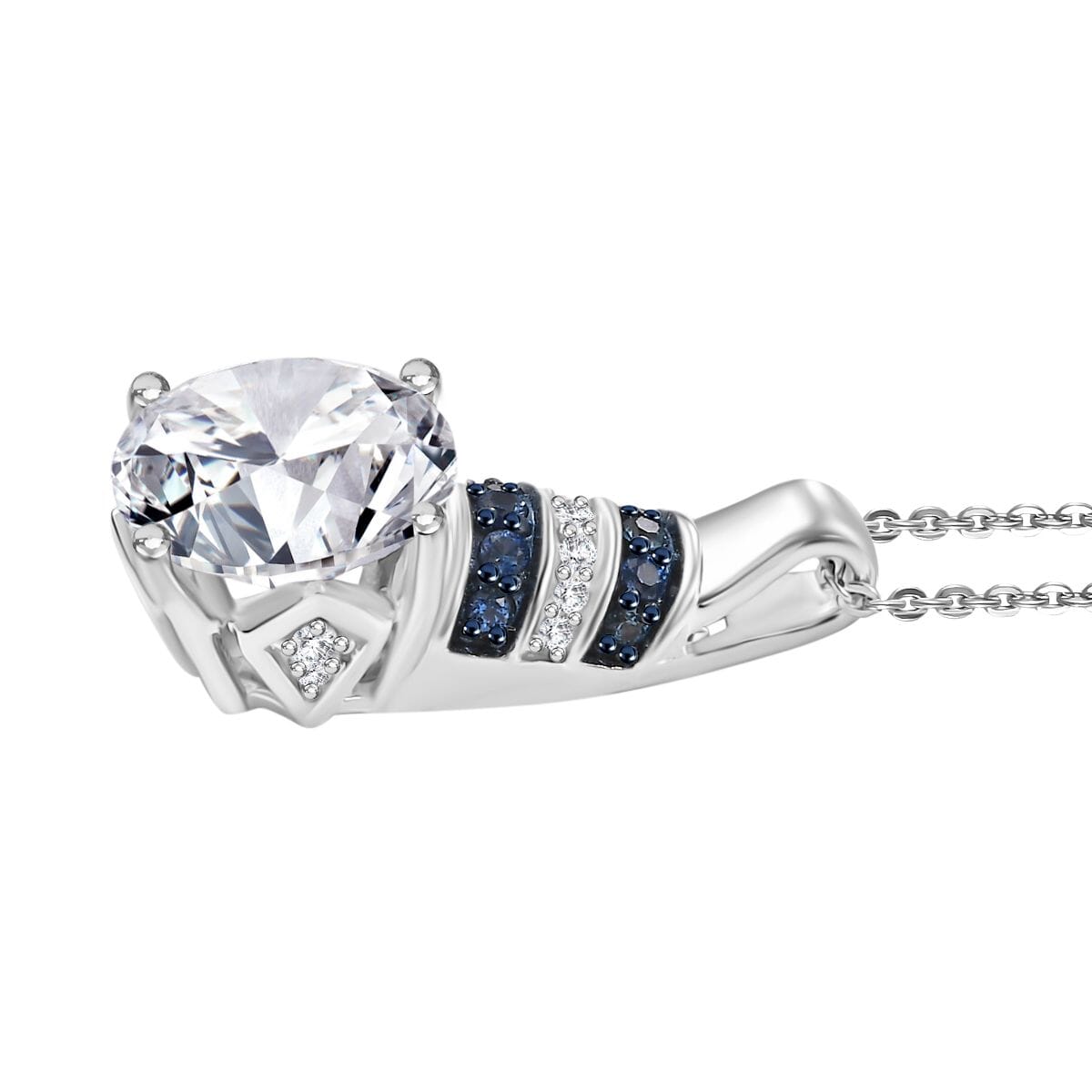 Heart and Arrow Cut Moissanite and Blue Sapphire 3.80 ctw Moonlit Grace Pendant Necklace in Rhodium Over Sterling Silver 20 Inches image number 3