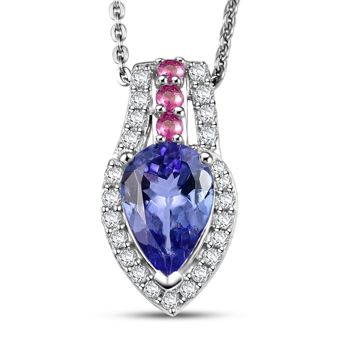 Tanzanite and Multi Genstone 1.65 ctw Split Shank Halo Pendant Necklace in Rhodium Over Sterling Silve 20 Inches image number 0