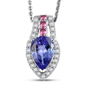Tanzanite and Multi Genstone 1.65 ctw Split Shank Halo Pendant Necklace in Rhodium Over Sterling Silve 20 Inches