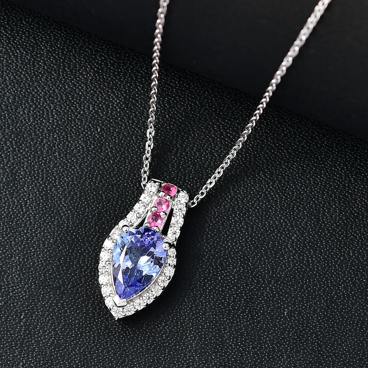Tanzanite and Multi Genstone 1.65 ctw Split Shank Halo Pendant Necklace in Rhodium Over Sterling Silve 20 Inches image number 1