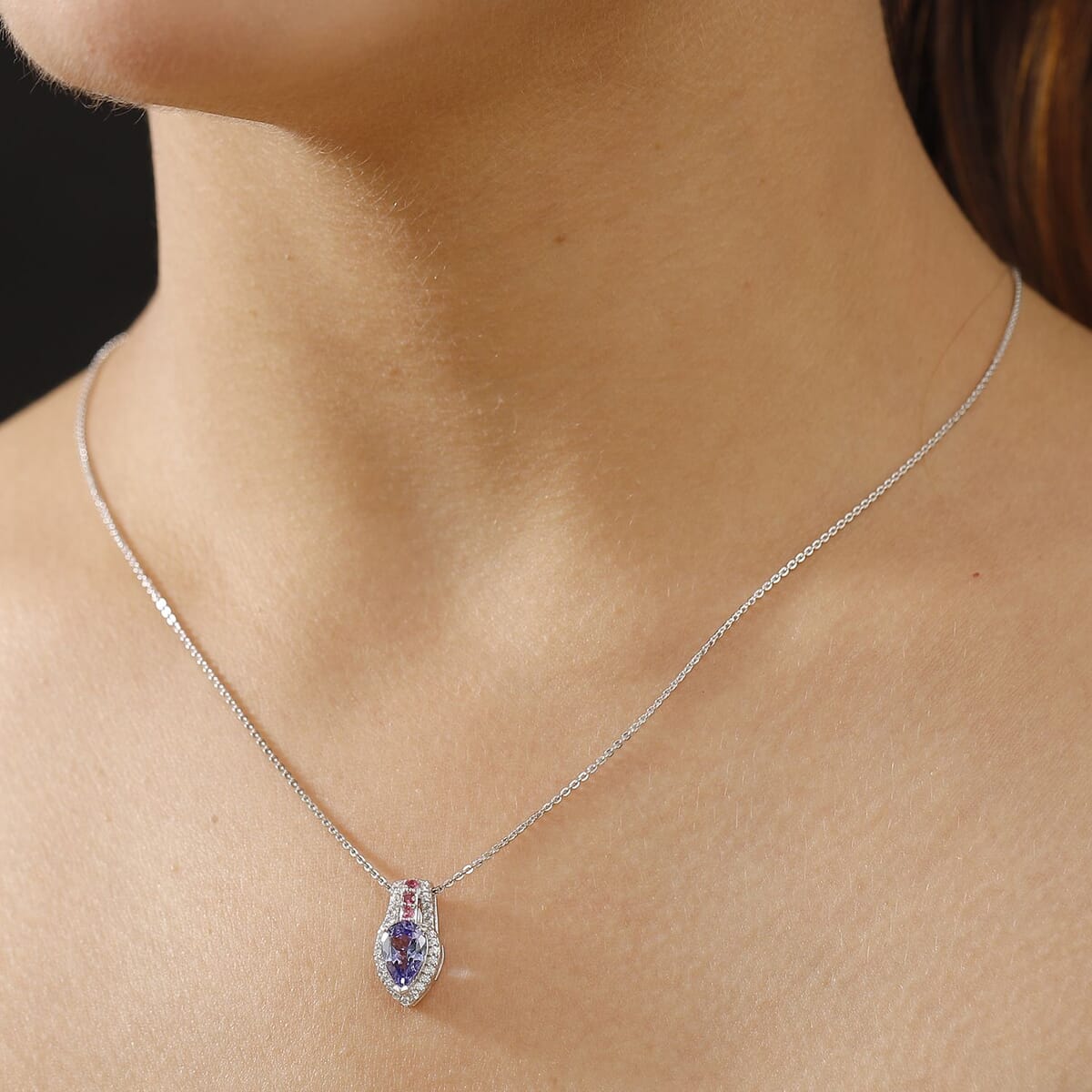 Tanzanite and Multi Genstone 1.65 ctw Split Shank Halo Pendant Necklace in Rhodium Over Sterling Silve 20 Inches image number 2