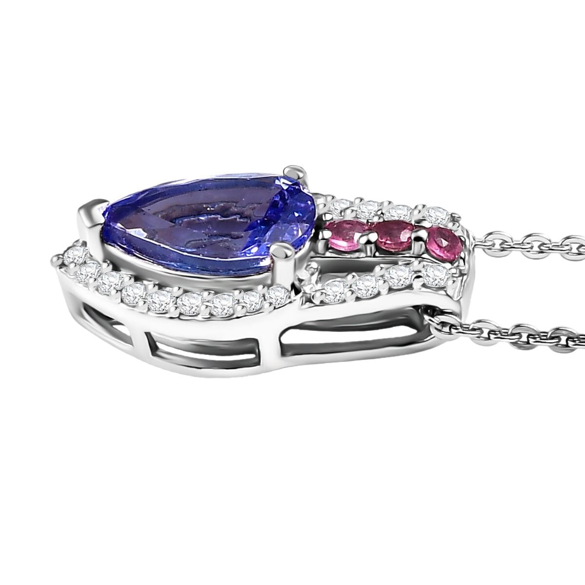 Tanzanite and Multi Genstone 1.65 ctw Split Shank Halo Pendant Necklace in Rhodium Over Sterling Silve 20 Inches image number 3
