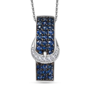 Ceylon Sapphire and White Zircon 1.35 ctw Buckle Pendant Necklace in Rhodium Over Sterling Silver 20 Inches