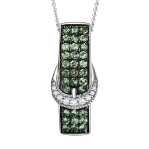 Tsavorite Garnet and White Zircon 0.90 ctw Buckle Pendant Necklace in Rhodium Over Sterling Silver 20 Inches