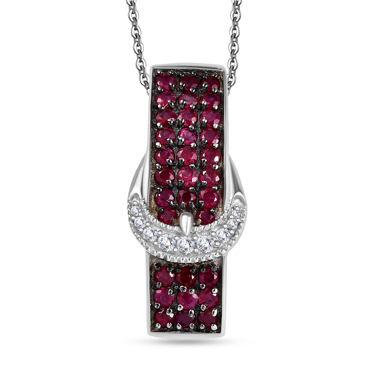 Montepuez Ruby and White Zircon 1.00 ctw Buckle Pendant Necklace in Rhodium Over Sterling Silver 20 Inches image number 0