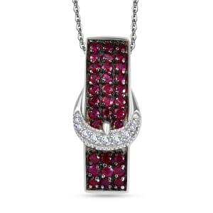 Montepuez Ruby and White Zircon 1.00 ctw Buckle Pendant Necklace in Rhodium Over Sterling Silver 20 Inches