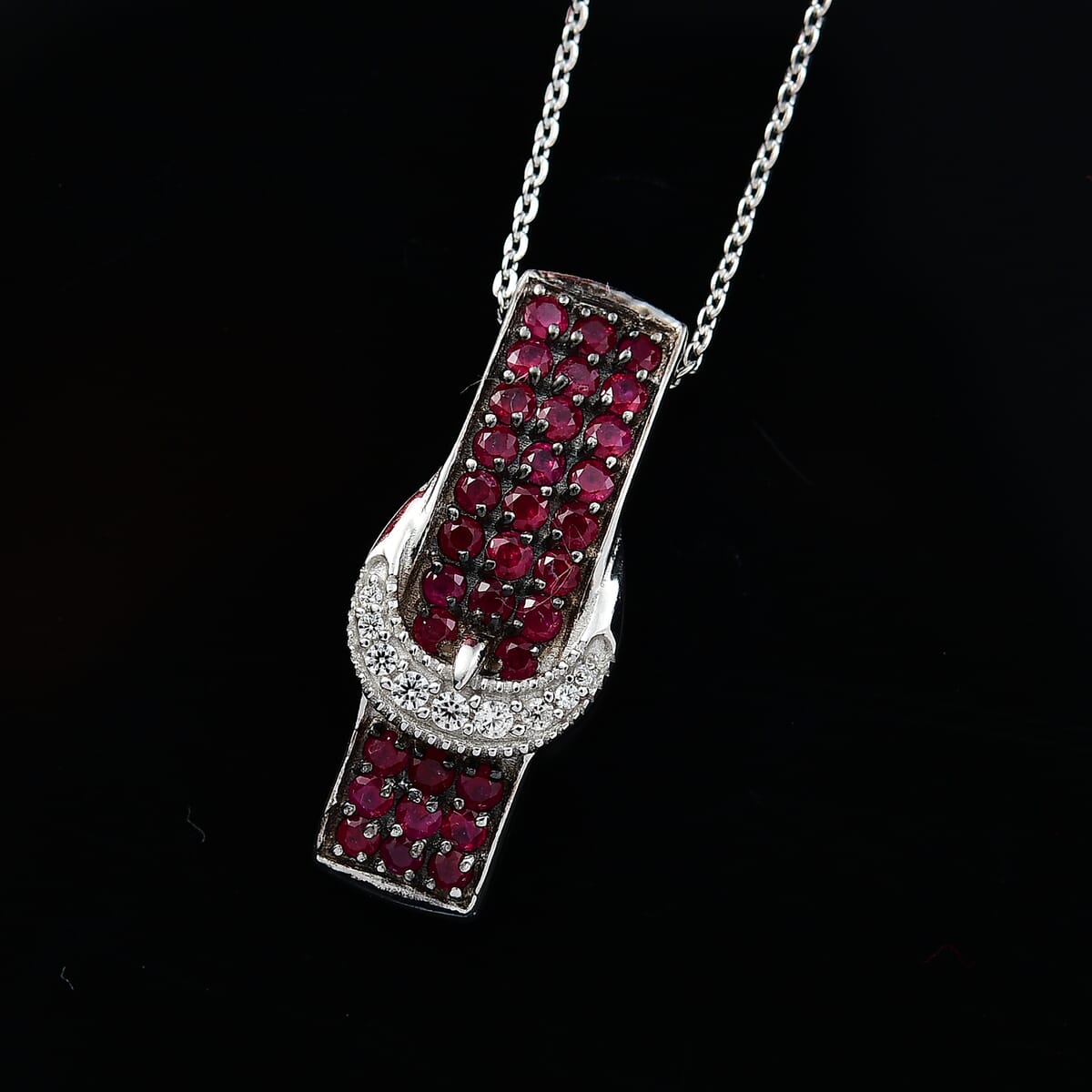 Montepuez Ruby and White Zircon 1.00 ctw Buckle Pendant Necklace in Rhodium Over Sterling Silver 20 Inches image number 1