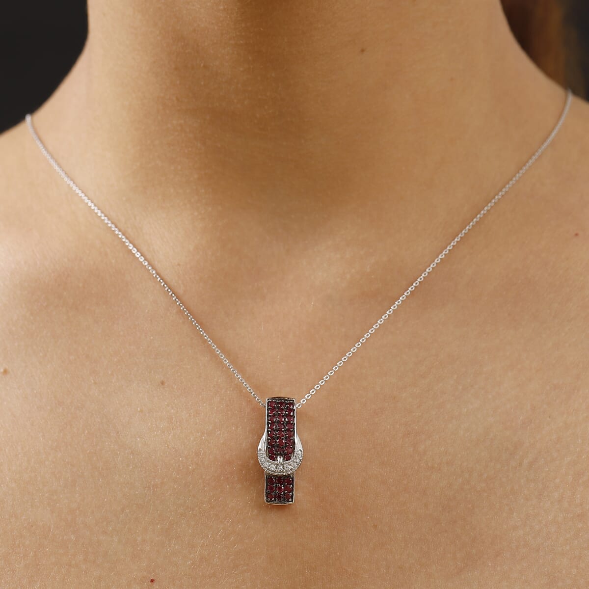 Montepuez Ruby and White Zircon 1.00 ctw Buckle Pendant Necklace in Rhodium Over Sterling Silver 20 Inches image number 2