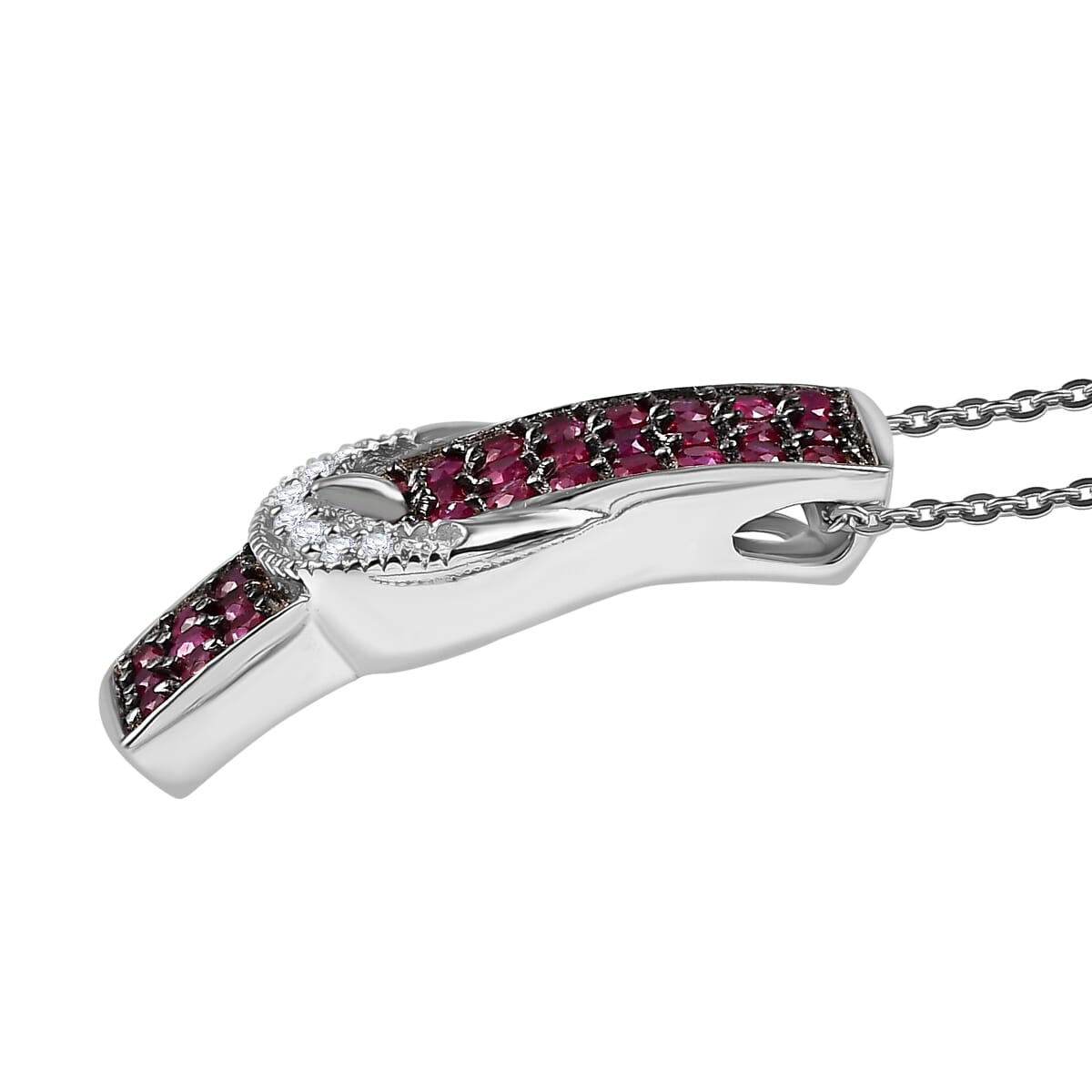 Montepuez Ruby and White Zircon 1.00 ctw Buckle Pendant Necklace in Rhodium Over Sterling Silver 20 Inches image number 3
