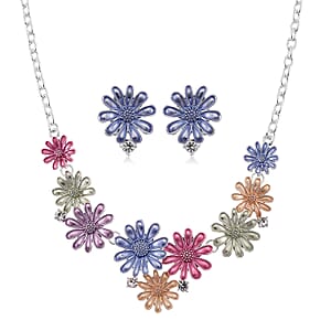 Austrian Crystal and Multi Color Enameled Floral Necklace (20-22 Inches) and Earrings in Silvertone