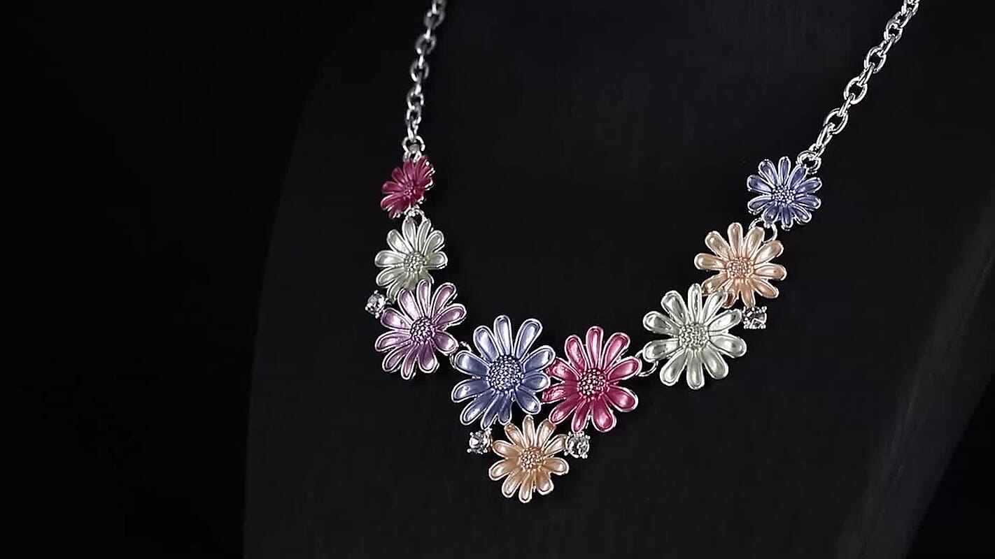 Austrian Crystal and Multi Color Enameled Floral Necklace and Earrings in Silvertone