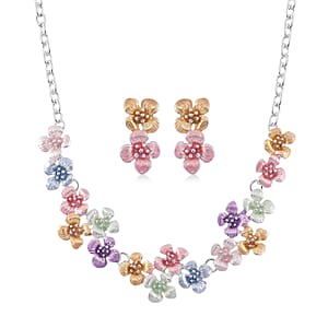 Austrian Crystal and Multi Color Enameled Floral Necklace (20-22 Inches) and Earrings in Silvertone