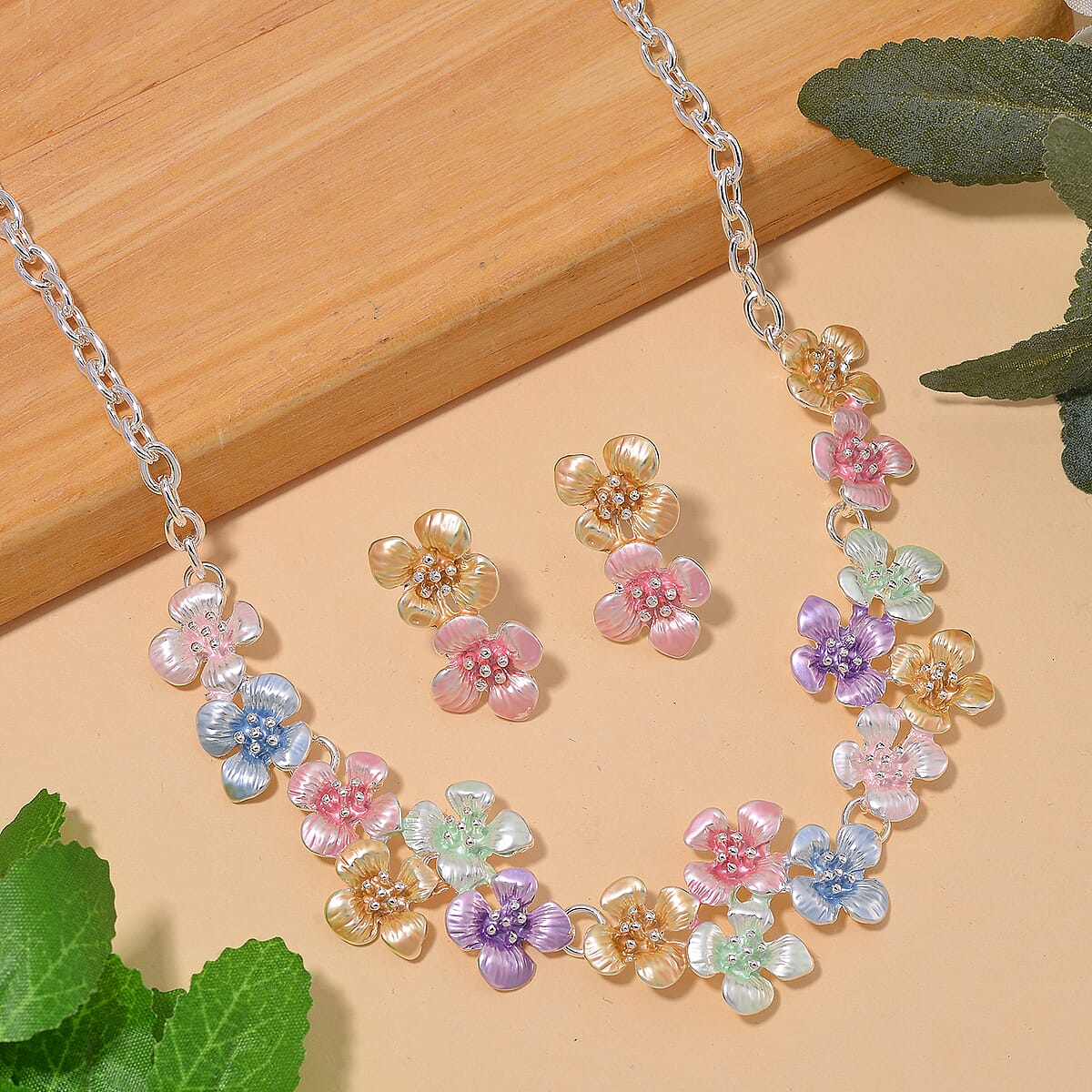 Austrian Crystal and Multi Color Enameled Floral Necklace (20-22 Inches) and Earrings in Silvertone image number 1