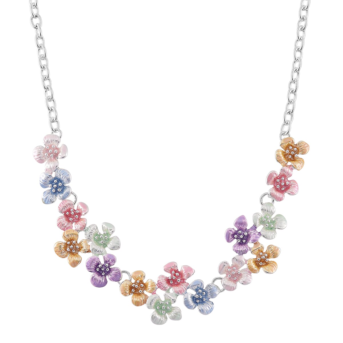 Austrian Crystal and Multi Color Enameled Floral Necklace (20-22 Inches) and Earrings in Silvertone image number 2