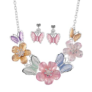 Austrian Crystal, Enameled Necklace (20-22 Inches) and Earrings in Silvertone