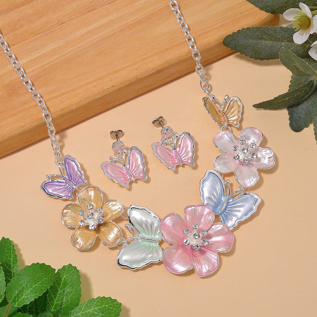 Austrian Crystal, Enameled Necklace (20-22 Inches) and Earrings in Silvertone image number 1