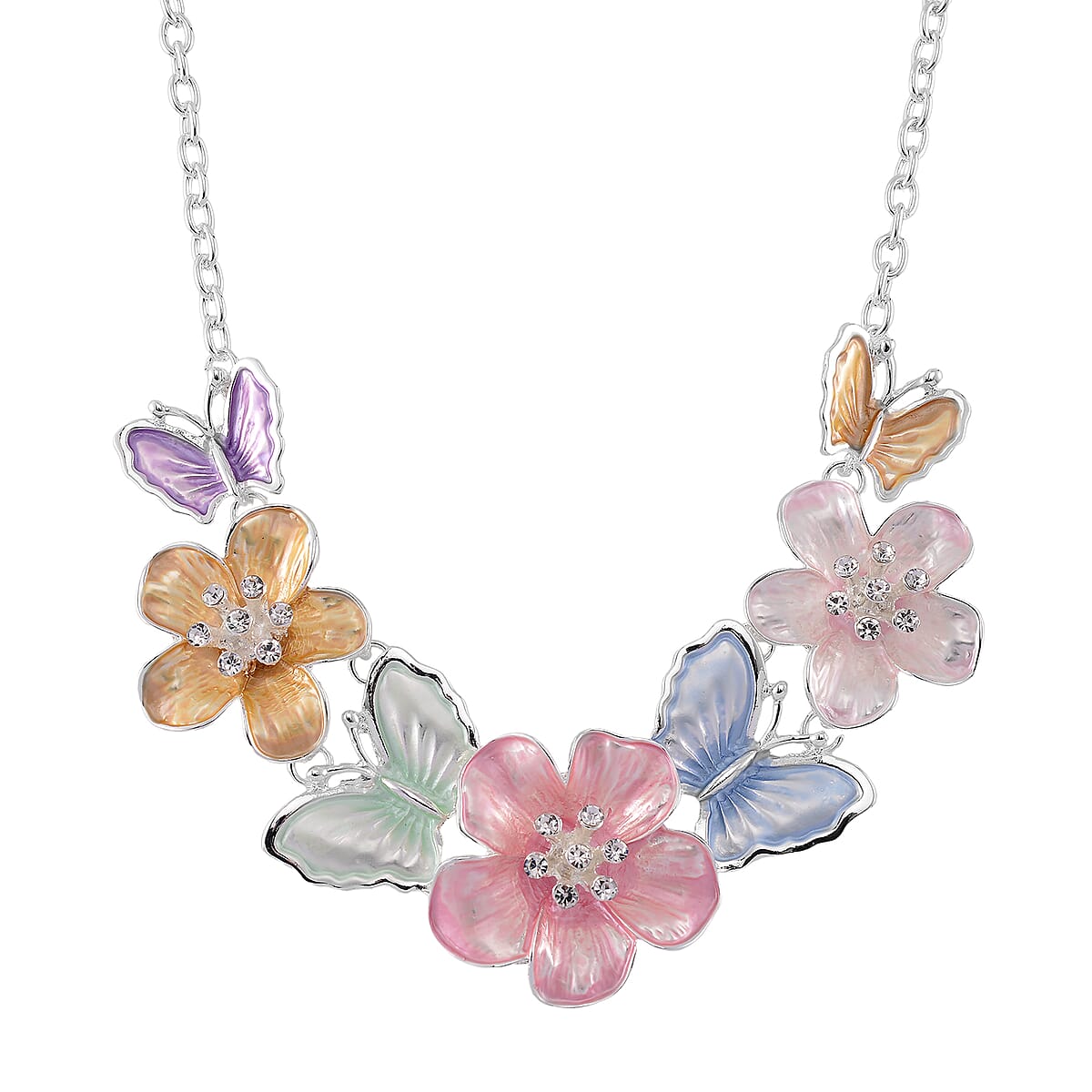 Austrian Crystal, Enameled Necklace (20-22 Inches) and Earrings in Silvertone image number 2