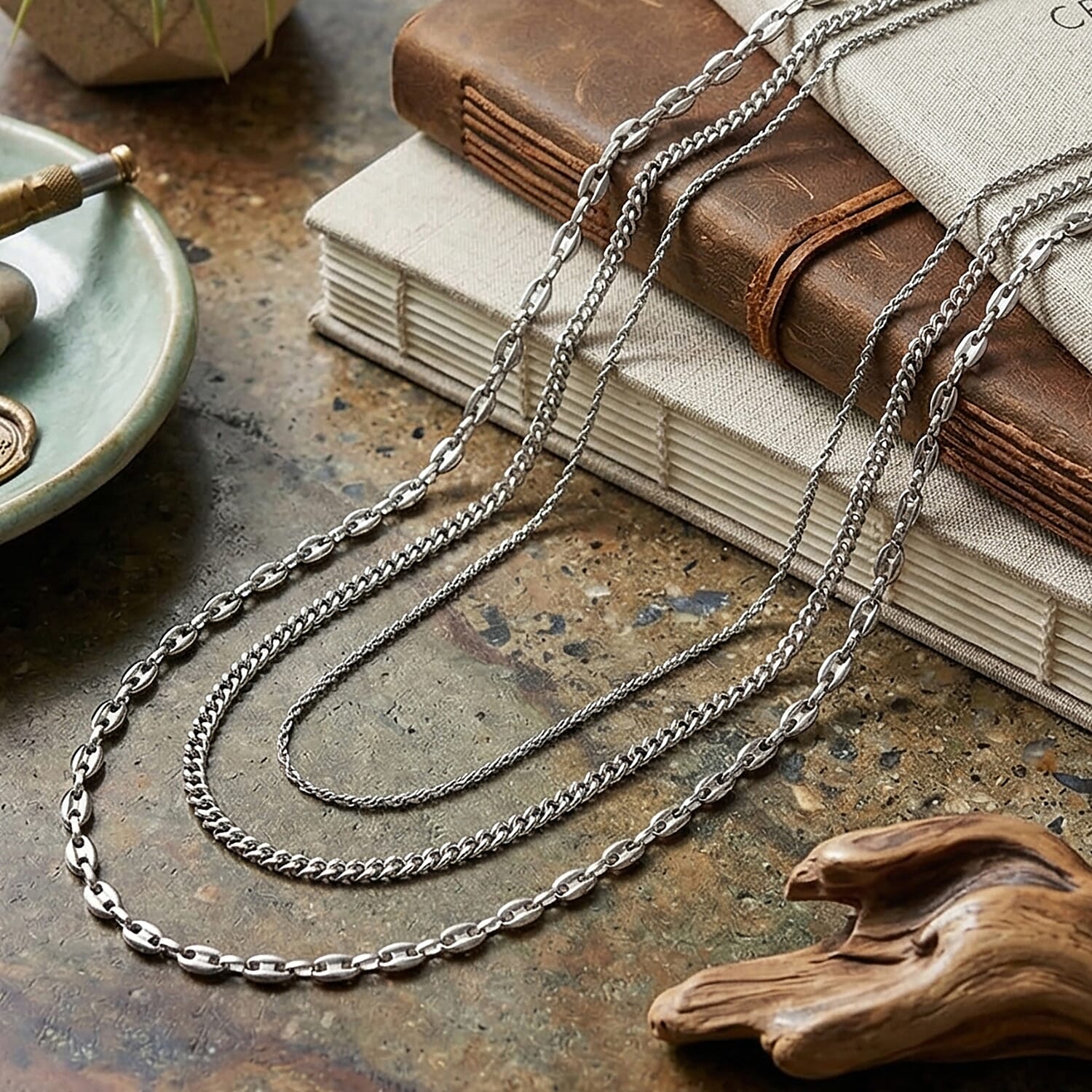 Set of 3 Link, Rope and Curb Chain Necklace in Stainless Steel (16, 18, and 22 Inches)