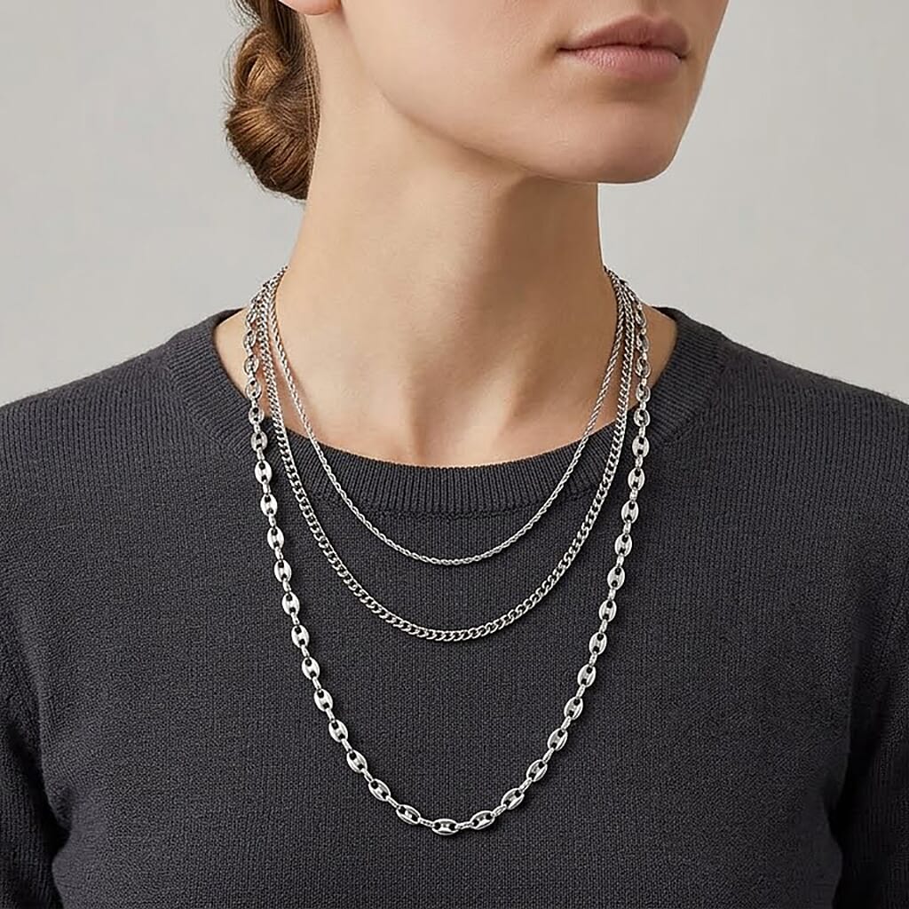 Set of 3 Link, Rope and Curb Chain Necklace in Stainless Steel (16, 18, and 22 Inches)