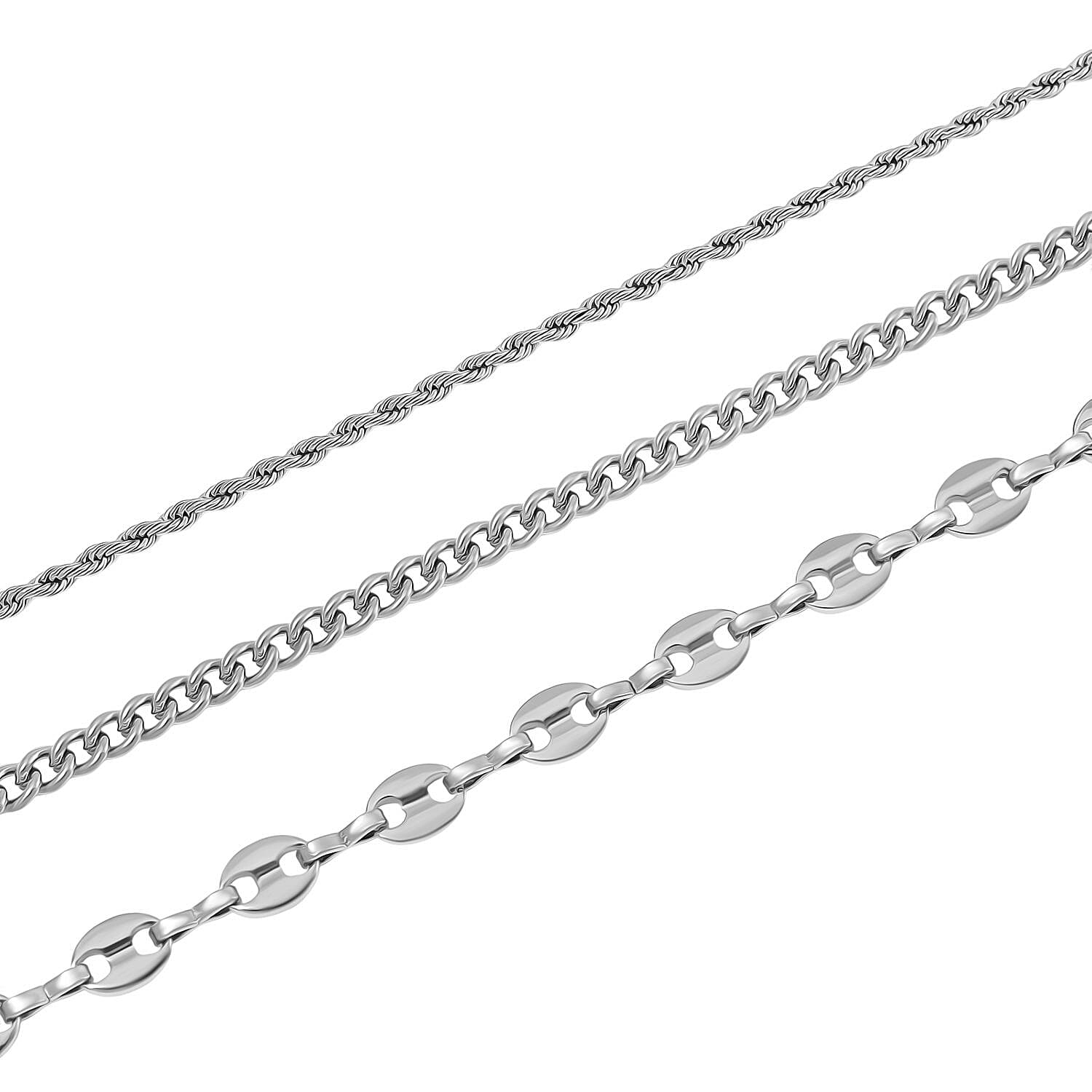 Set of 3 Link, Rope and Curb Chain Necklace in Stainless Steel (16, 18, and 22 Inches)